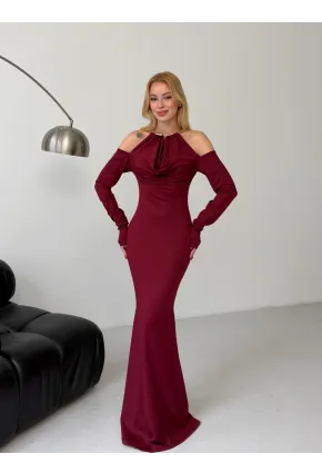 Modal Kumaş Likralı Aksesuar Detay Maxi Elbise Bordo