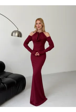 Modal Kumaş Likralı Aksesuar Detay Maxi Elbise Bordo