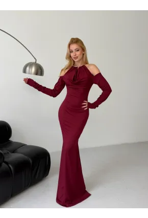 Modal Kumaş Likralı Aksesuar Detay Maxi Elbise Bordo