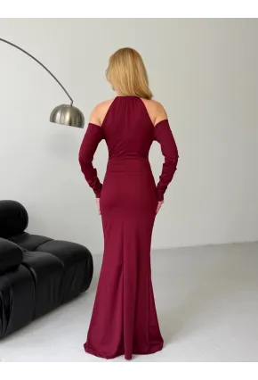 Modal Kumaş Likralı Aksesuar Detay Maxi Elbise Bordo