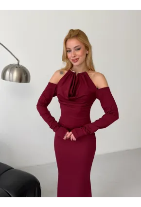 Modal Kumaş Likralı Aksesuar Detay Maxi Elbise Bordo