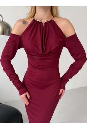 Modal Kumaş Likralı Aksesuar Detay Maxi Elbise Bordo