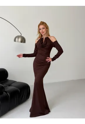 Modal Kumaş Likralı Aksesuar Detay Maxi Elbise Kahve