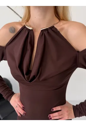 Modal Kumaş Likralı Aksesuar Detay Maxi Elbise Kahve