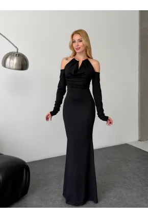 Modal Kumaş Likralı Aksesuar Detay Maxi Elbise Siyah