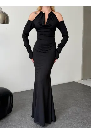 Modal Kumaş Likralı Aksesuar Detay Maxi Elbise Siyah