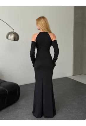 Modal Kumaş Likralı Aksesuar Detay Maxi Elbise Siyah