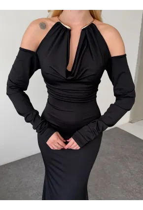 Modal Kumaş Likralı Aksesuar Detay Maxi Elbise Siyah