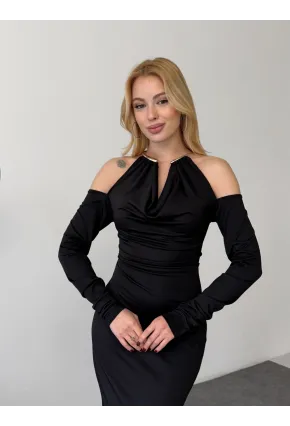 Modal Kumaş Likralı Aksesuar Detay Maxi Elbise Siyah