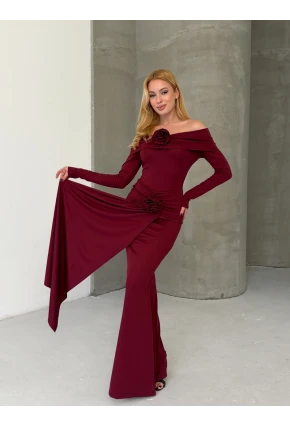 Modal Kumaş Likralı Çiçek Aksesuarlı Maxi Boy Elbise Bordo