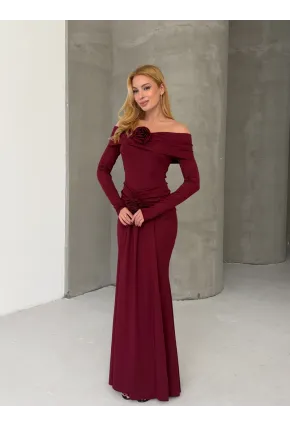 Modal Kumaş Likralı Çiçek Aksesuarlı Maxi Boy Elbise Bordo