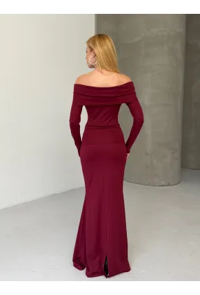 Modal Kumaş Likralı Çiçek Aksesuarlı Maxi Boy Elbise Bordo