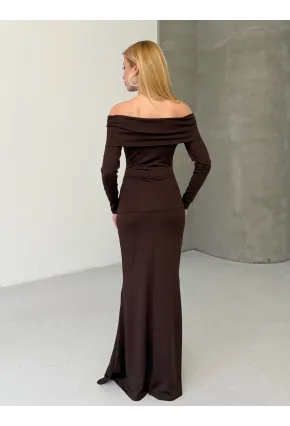 Modal Kumaş Likralı Çiçek Aksesuarlı Maxi Boy Elbise Kahve