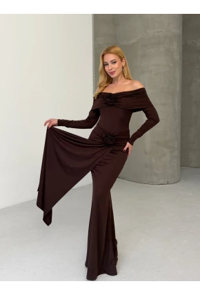 Modal Kumaş Likralı Çiçek Aksesuarlı Maxi Boy Elbise Kahve