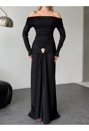 Modal Kumaş Metal Aksesuar Detaylı Maxi Boy Elbise Siyah