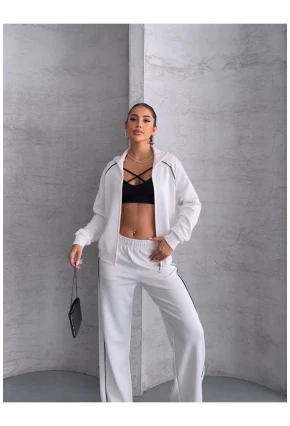 Modal Kumaş Şerit Detaylı Takım Beyaz