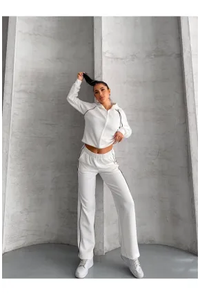 Modal Kumaş Şerit Detaylı Takım Beyaz