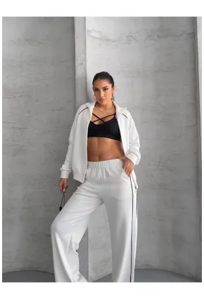 Modal Kumaş Şerit Detaylı Takım Beyaz