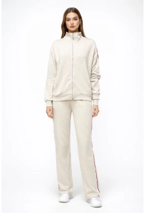 Modal Kumaş Tam Fermuarlı Şeritli Eşofman Takımı Bej