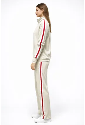 Modal Kumaş Tam Fermuarlı Şeritli Eşofman Takımı Bej
