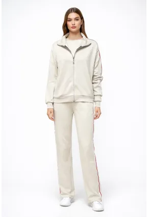 Modal Kumaş Tam Fermuarlı Şeritli Eşofman Takımı Bej