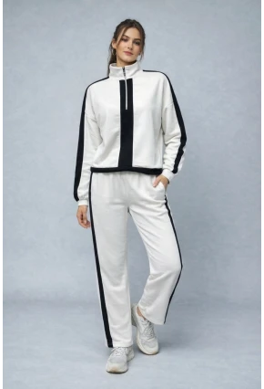 Modal Kumaş Yarım Fermuarlı Şeritli Eşofman Takımı Beyaz