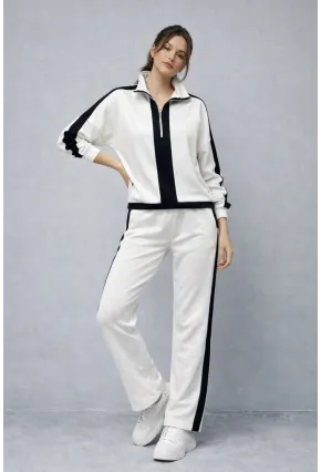 Modal Kumaş Yarım Fermuarlı Şeritli Eşofman Takımı Beyaz