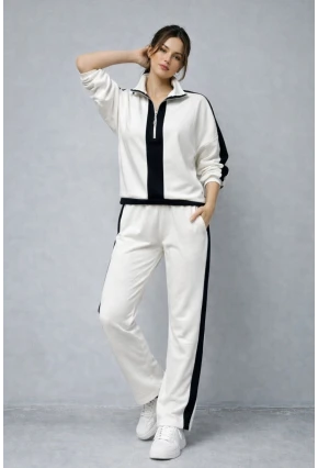 Modal Kumaş Yarım Fermuarlı Şeritli Eşofman Takımı Beyaz