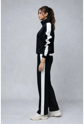 Modal Kumaş Yarım Fermuarlı Şeritli Eşofman Takımı Siyah