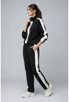 Modal Kumaş Yarım Fermuarlı Şeritli Eşofman Takımı Siyah