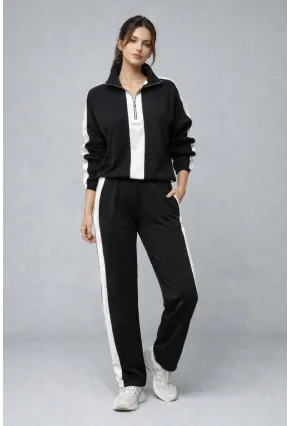 Modal Kumaş Yarım Fermuarlı Şeritli Eşofman Takımı Siyah