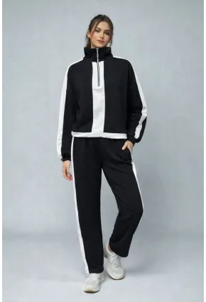 Modal Kumaş Yarım Fermuarlı Şeritli Eşofman Takımı Siyah