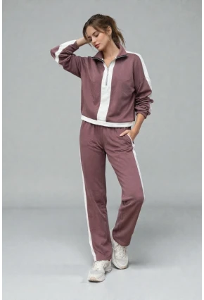 Modal Kumaş Yarım Fermuarlı Şeritli Eşofman Takımı Gül Kurusu