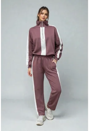 Modal Kumaş Yarım Fermuarlı Şeritli Eşofman Takımı Gül Kurusu