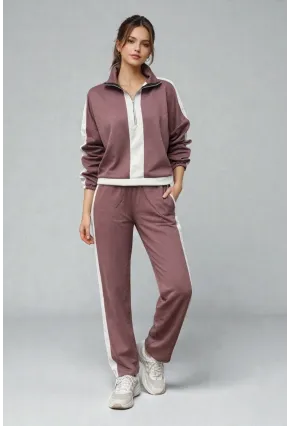 Modal Kumaş Yarım Fermuarlı Şeritli Eşofman Takımı Gül Kurusu