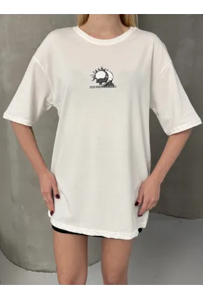 Moon Energy Sırt Baskılı Oversize Kadın Tişört Ekru