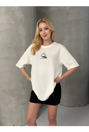 Moon Energy Sırt Baskılı Oversize Kadın Tişört Ekru
