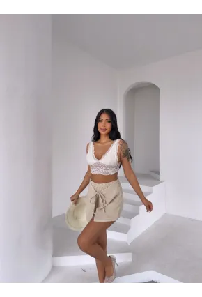 Müslin Keten Bağlama Detay Şort Bej