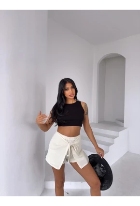 Müslin Keten Bağlama Detay Şort Ekru