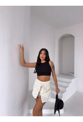 Müslin Keten Bağlama Detay Şort Ekru