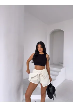 Müslin Keten Bağlama Detay Şort Ekru