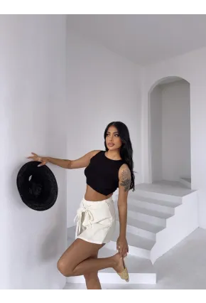 Müslin Keten Bağlama Detay Şort Ekru