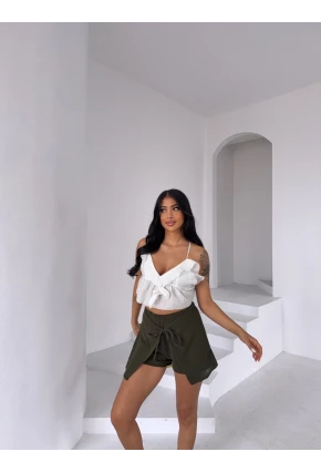 Müslin Keten Bağlama Detay Şort Haki