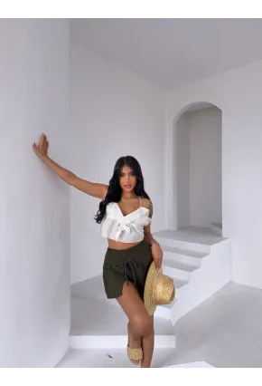 Müslin Keten Bağlama Detay Şort Haki