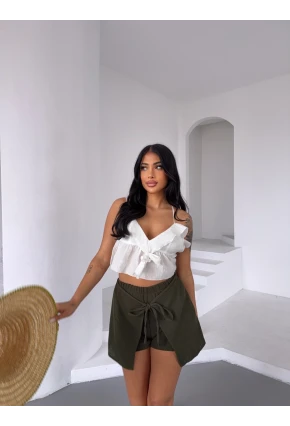 Müslin Keten Bağlama Detay Şort Haki