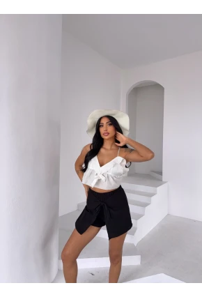 Müslin Keten Bağlama Detay Şort Siyah