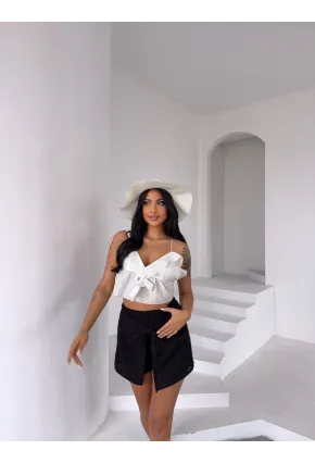 Müslin Keten Bağlama Detay Şort Siyah