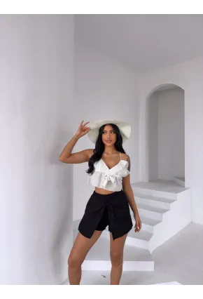 Müslin Keten Bağlama Detay Şort Siyah