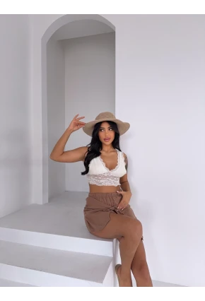 Müslin Keten Bağlama Detay Şort Vizon