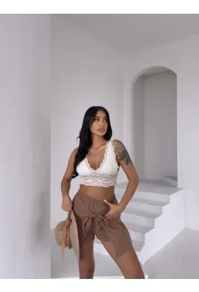 Müslin Keten Bağlama Detay Şort Vizon